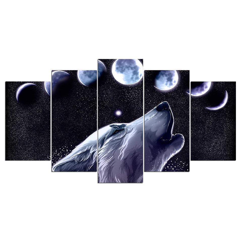 Wolf Howling 5 Piece HD Multi Panel Canvas Wall Art Frame-Original Frame