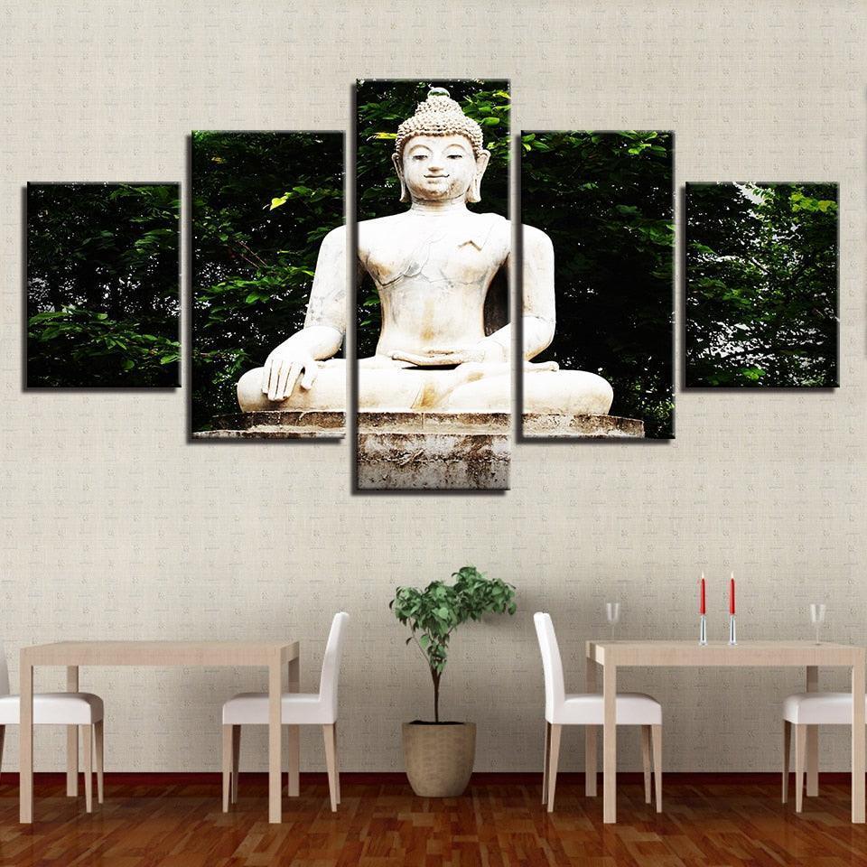 Buddha Statue Under Tree 5 Piece HD Multi Panel Canvas Wall Art Frame-Original Frame