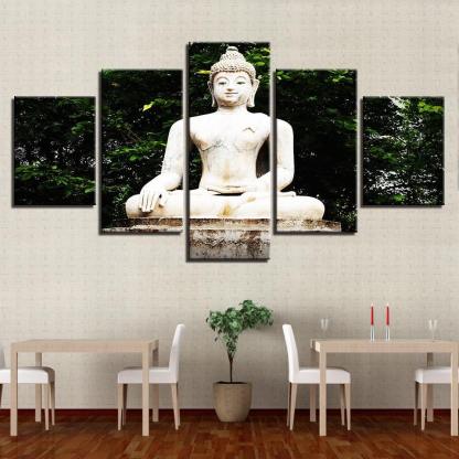 Buddha Statue Under Tree 5 Piece HD Multi Panel Canvas Wall Art Frame-Original Frame