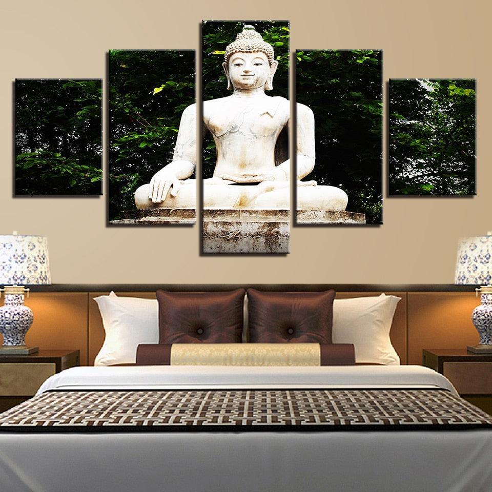 Buddha Statue Under Tree 5 Piece HD Multi Panel Canvas Wall Art Frame-Original Frame