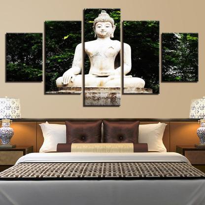 Buddha Statue Under Tree 5 Piece HD Multi Panel Canvas Wall Art Frame-Original Frame
