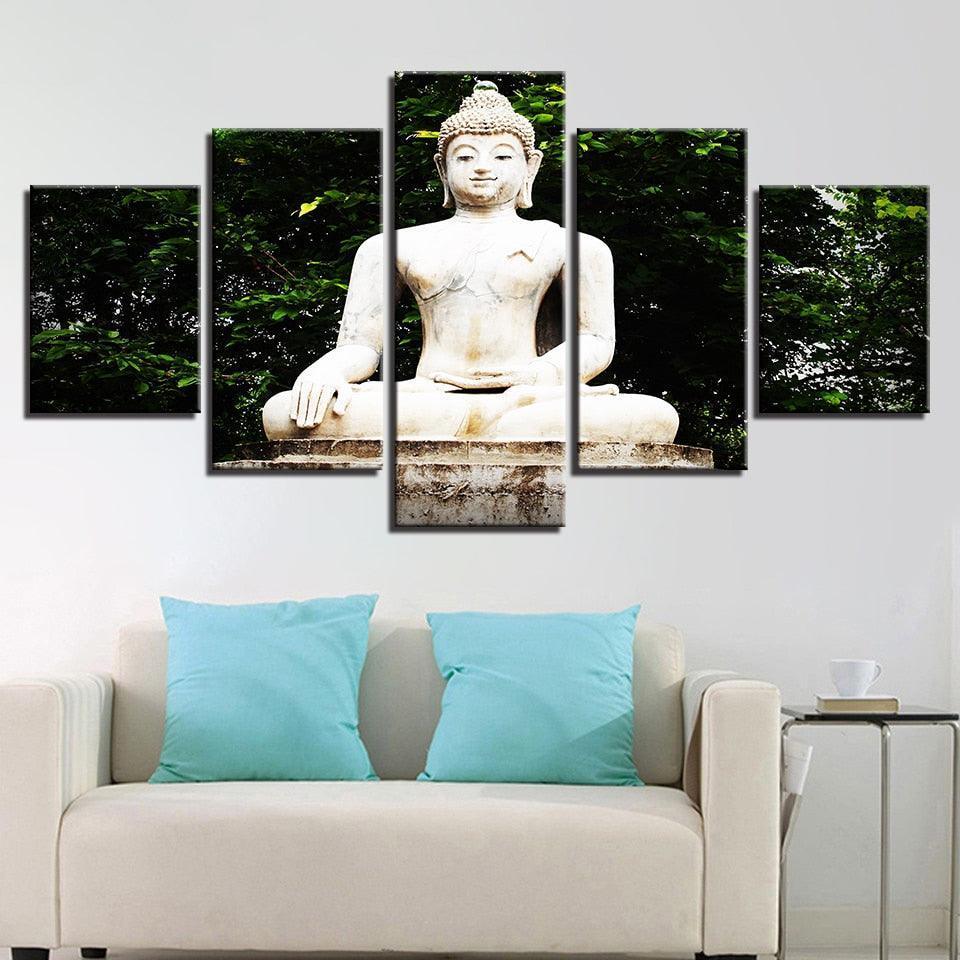 Buddha Statue Under Tree 5 Piece HD Multi Panel Canvas Wall Art Frame-Original Frame