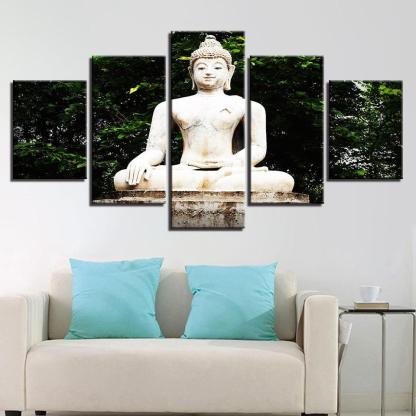 Buddha Statue Under Tree 5 Piece HD Multi Panel Canvas Wall Art Frame-Original Frame