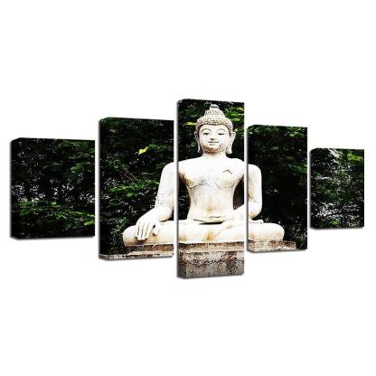 Buddha Statue Under Tree 5 Piece HD Multi Panel Canvas Wall Art Frame-Original Frame