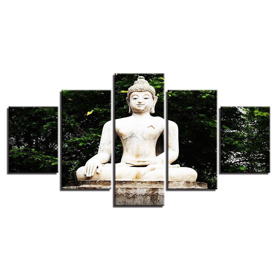 Buddha Statue Under Tree 5 Piece HD Multi Panel Canvas Wall Art Frame-Original Frame