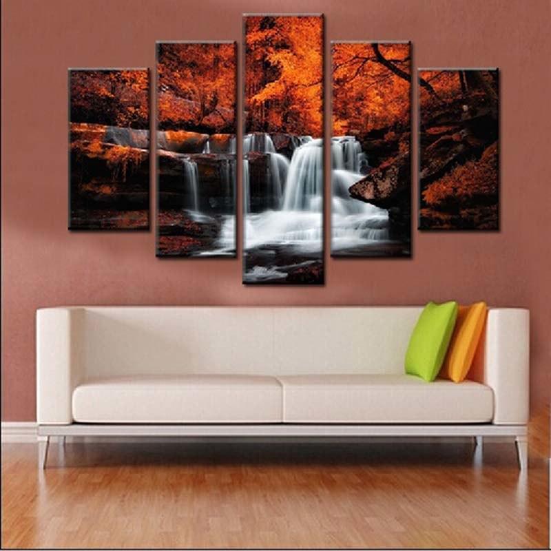 Waterfalls & Autumn 5 Piece HD Multi Panel Canvas Wall Art Frame-Original Frame