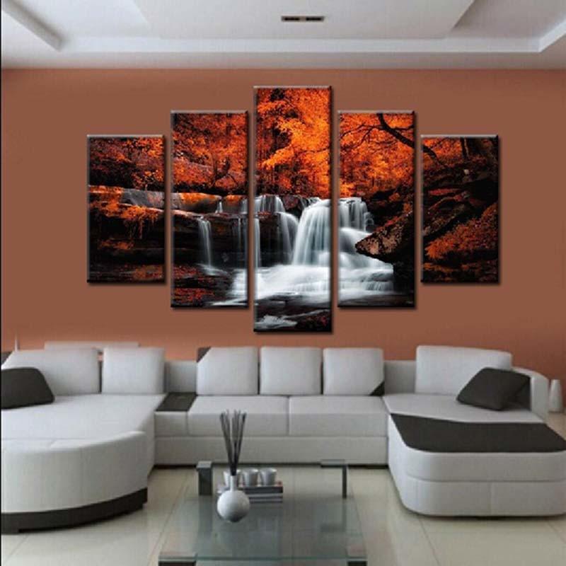 Waterfalls & Autumn 5 Piece HD Multi Panel Canvas Wall Art Frame-Original Frame