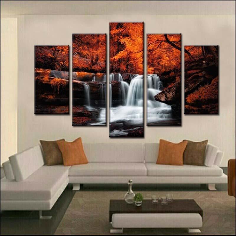 Waterfalls & Autumn 5 Piece HD Multi Panel Canvas Wall Art Frame-Original Frame