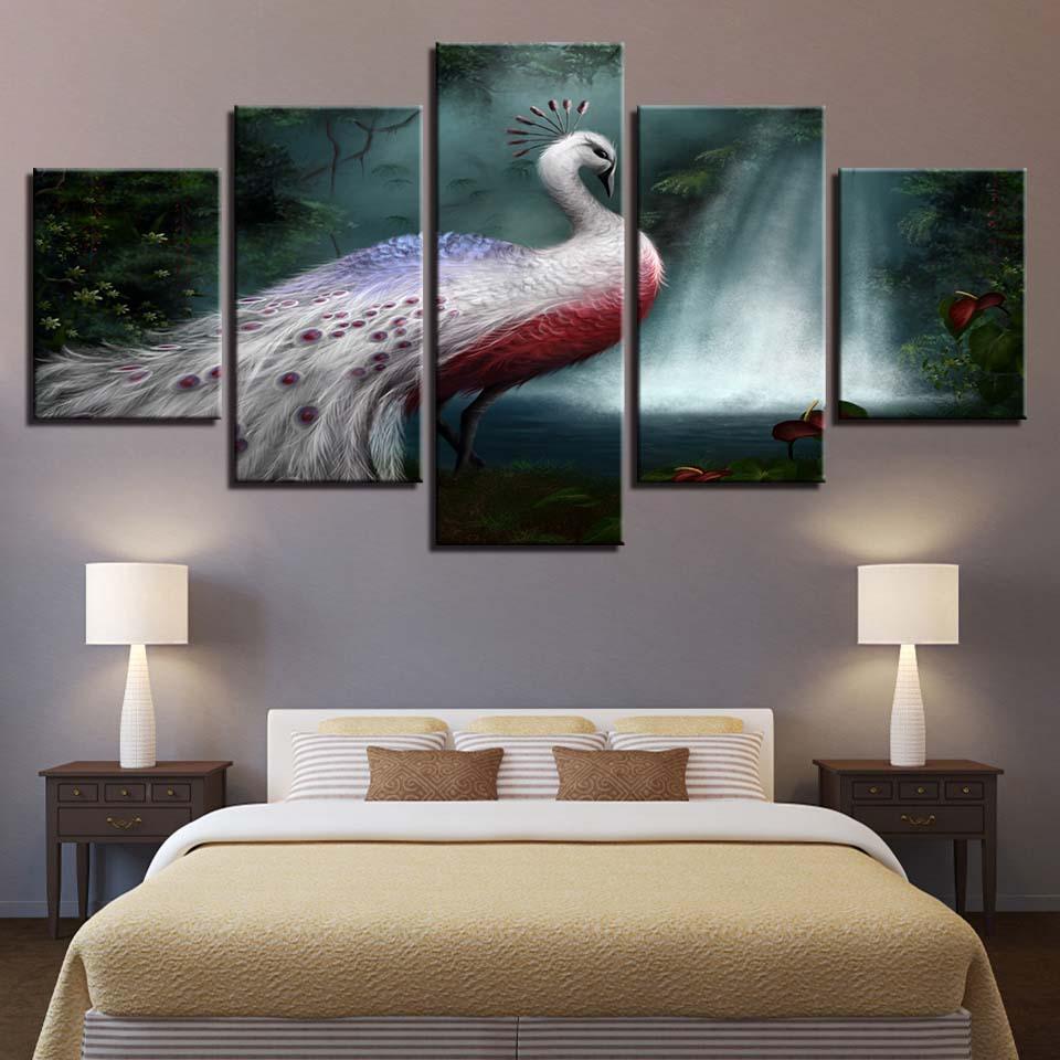 White Peacock 5 Piece HD Multi Panel Canvas Wall Art Frame-Original Frame