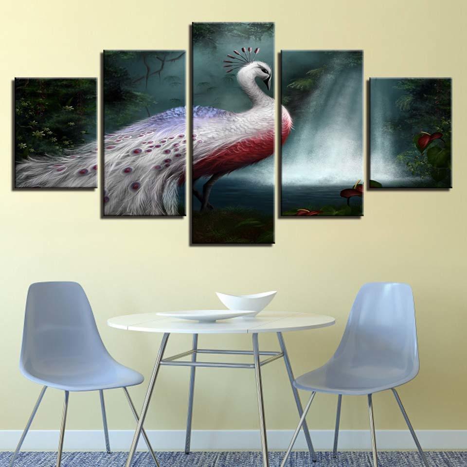 White Peacock 5 Piece HD Multi Panel Canvas Wall Art Frame-Original Frame