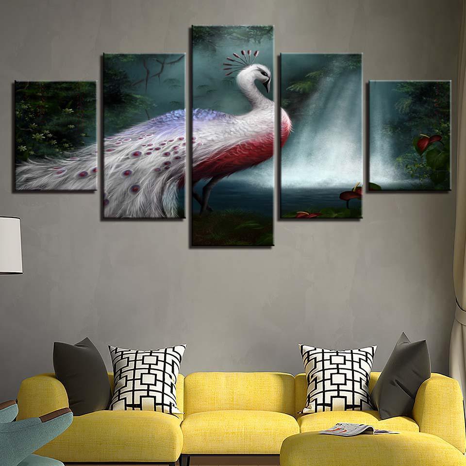 White Peacock 5 Piece HD Multi Panel Canvas Wall Art Frame-Original Frame