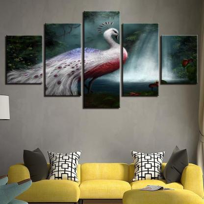 White Peacock 5 Piece HD Multi Panel Canvas Wall Art Frame-Original Frame