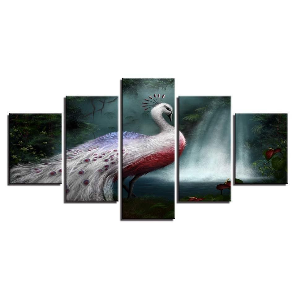 White Peacock 5 Piece HD Multi Panel Canvas Wall Art Frame-Original Frame