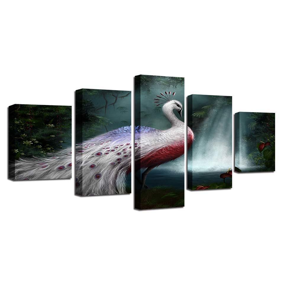 White Peacock 5 Piece HD Multi Panel Canvas Wall Art Frame-Original Frame