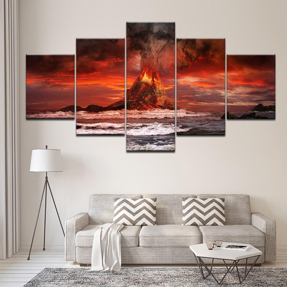 Volcano Sea 5 Piece HD Multi Panel Canvas Wall Art Frame-Original Frame