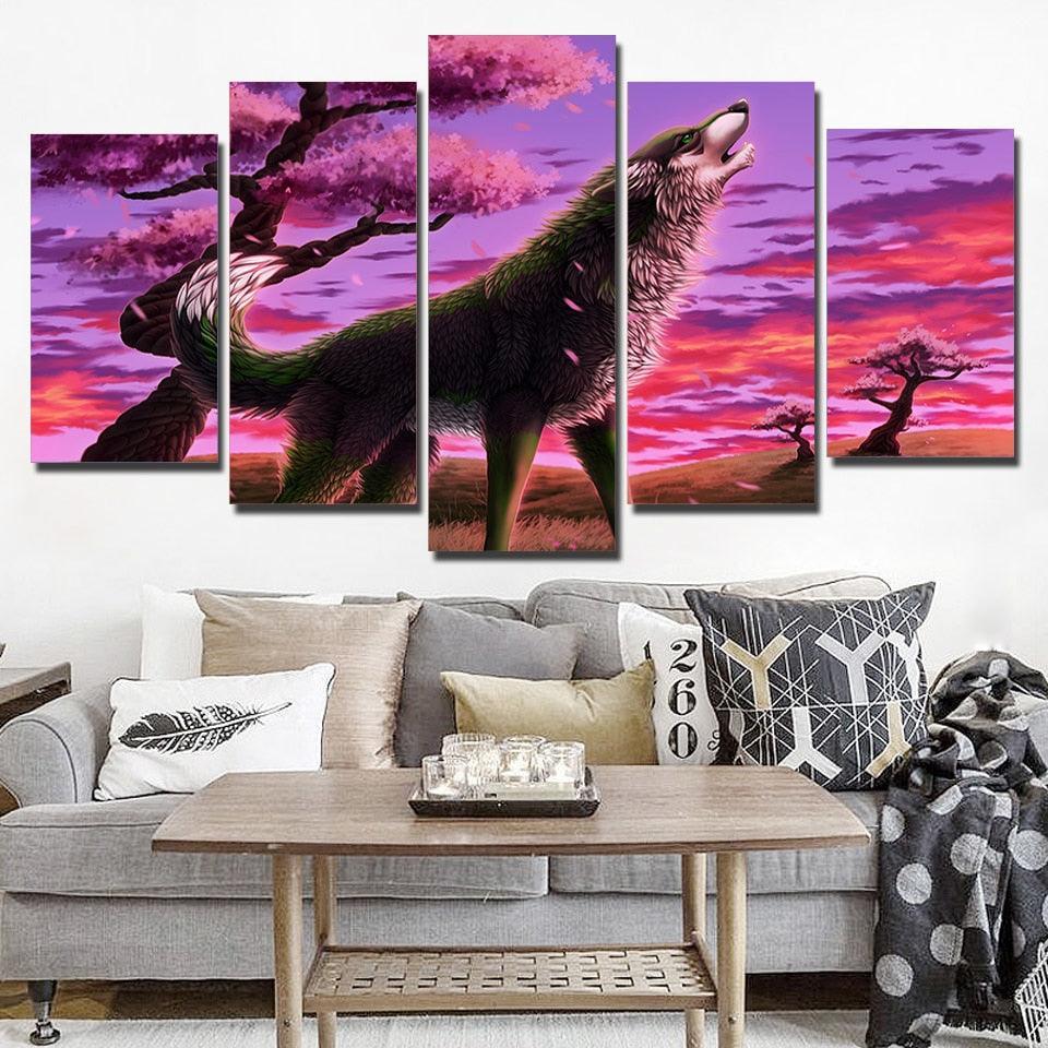 Animal Wolf Blossom 5 Piece HD Multi Panel Canvas Wall Art Frame-Original Frame