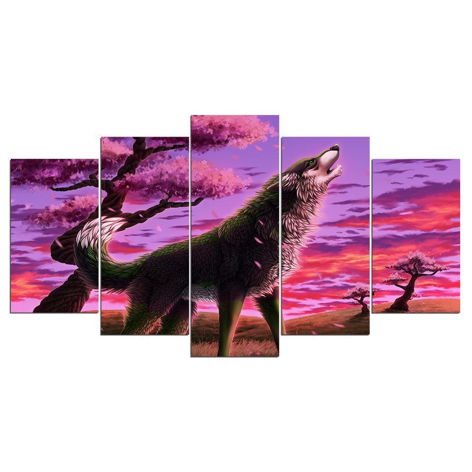 Animal Wolf Blossom 5 Piece HD Multi Panel Canvas Wall Art Frame-Original Frame