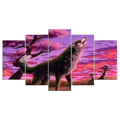 Animal Wolf Blossom 5 Piece HD Multi Panel Canvas Wall Art Frame-Original Frame