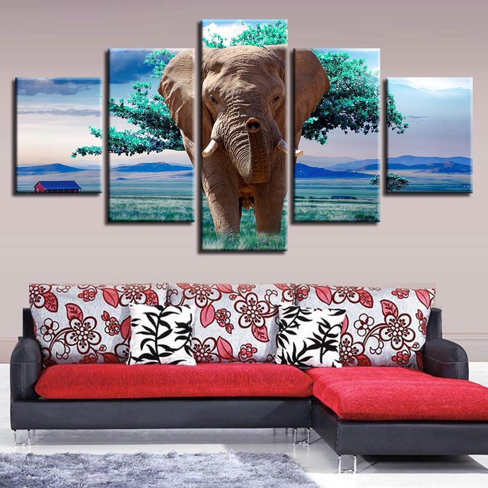 Elephants And Green Trees 5 Piece HD Multi Panel Canvas Wall Art Frame-Original Frame