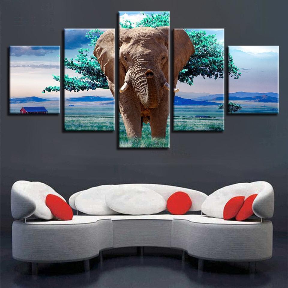 Elephants And Green Trees 5 Piece HD Multi Panel Canvas Wall Art Frame-Original Frame