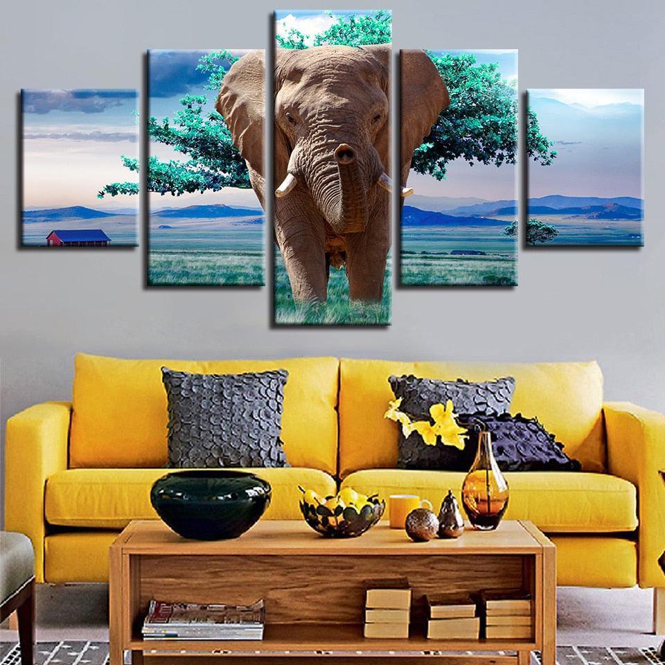 Elephants And Green Trees 5 Piece HD Multi Panel Canvas Wall Art Frame-Original Frame