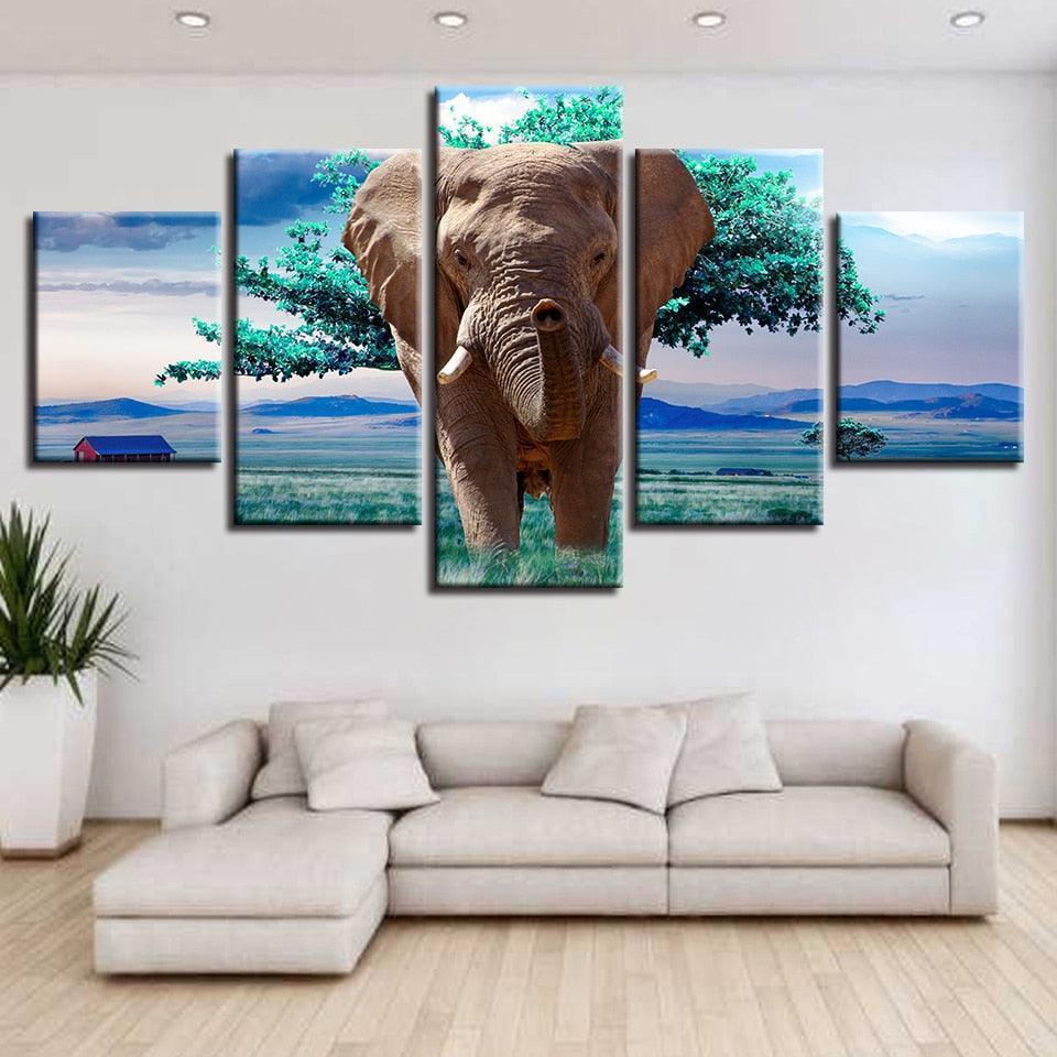 Elephants And Green Trees 5 Piece HD Multi Panel Canvas Wall Art Frame-Original Frame