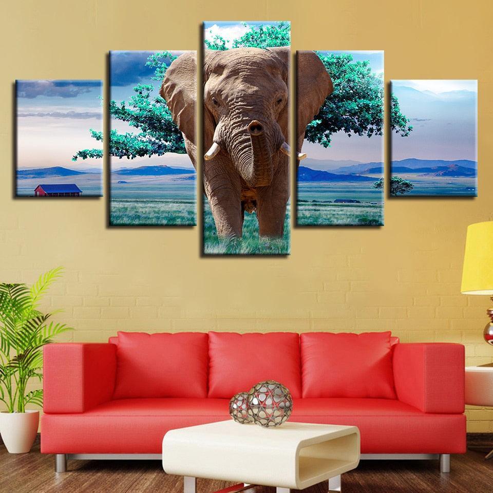 Elephants And Green Trees 5 Piece HD Multi Panel Canvas Wall Art Frame-Original Frame