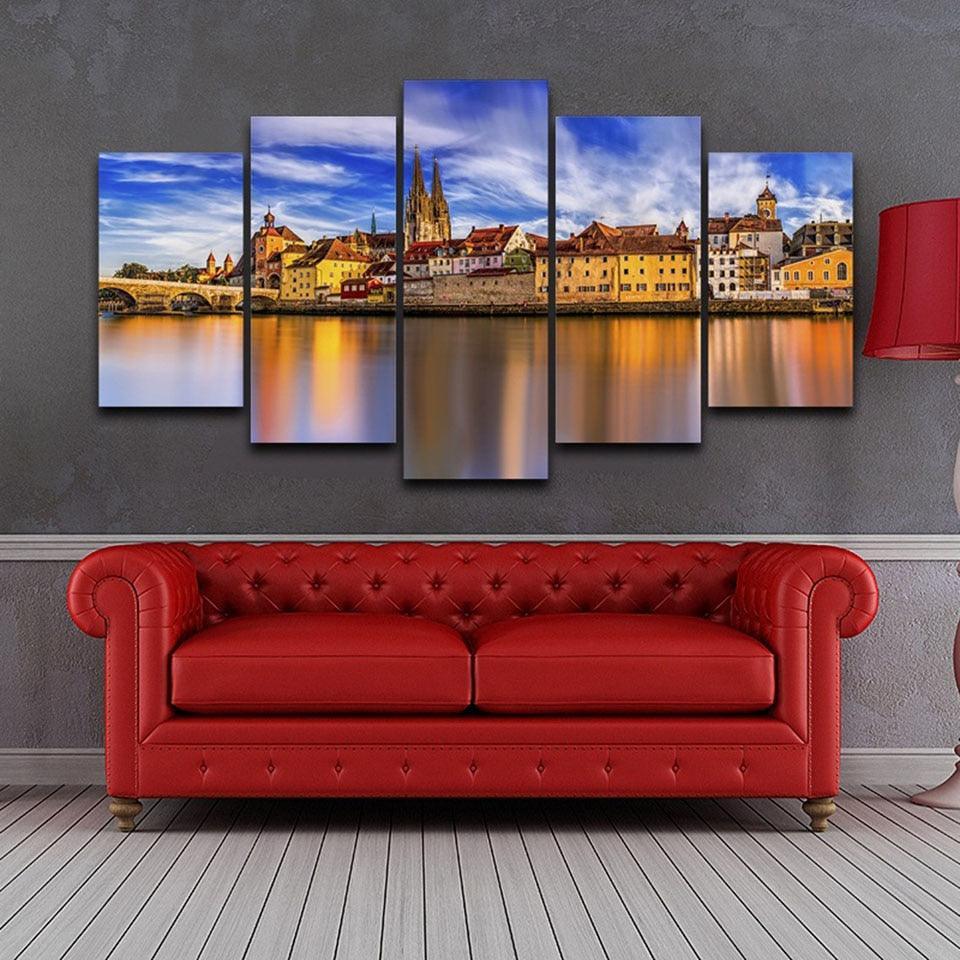 Germany Sunset Scenery 5 Piece HD Multi Panel Canvas Wall Art Frame-Original Frame