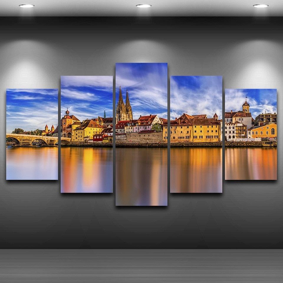 Germany Sunset Scenery 5 Piece HD Multi Panel Canvas Wall Art Frame-Original Frame