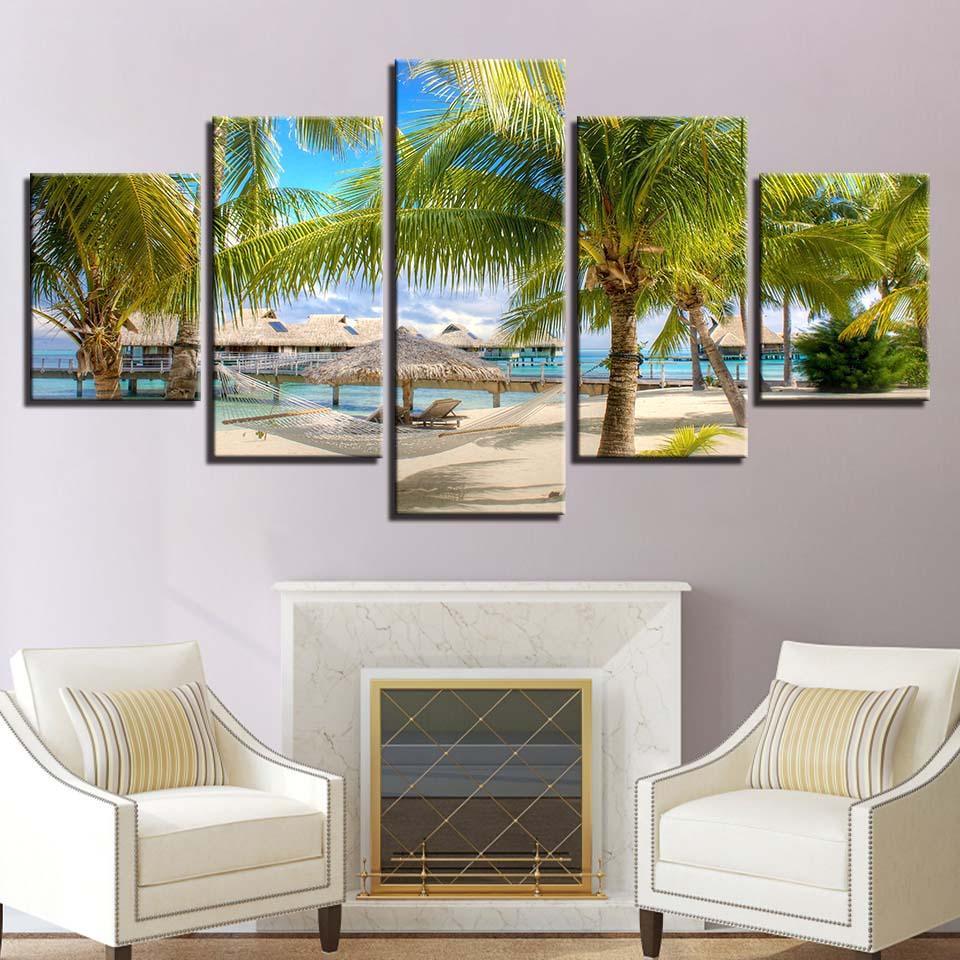 Coconut Trees Beach 5 Piece HD Multi Panel Canvas Wall Art Frame-Original Frame