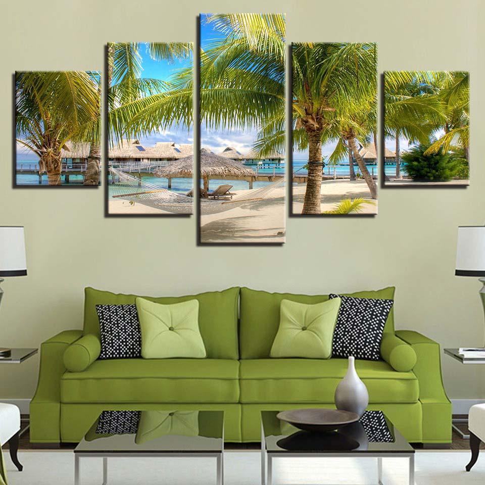Coconut Trees Beach 5 Piece HD Multi Panel Canvas Wall Art Frame-Original Frame
