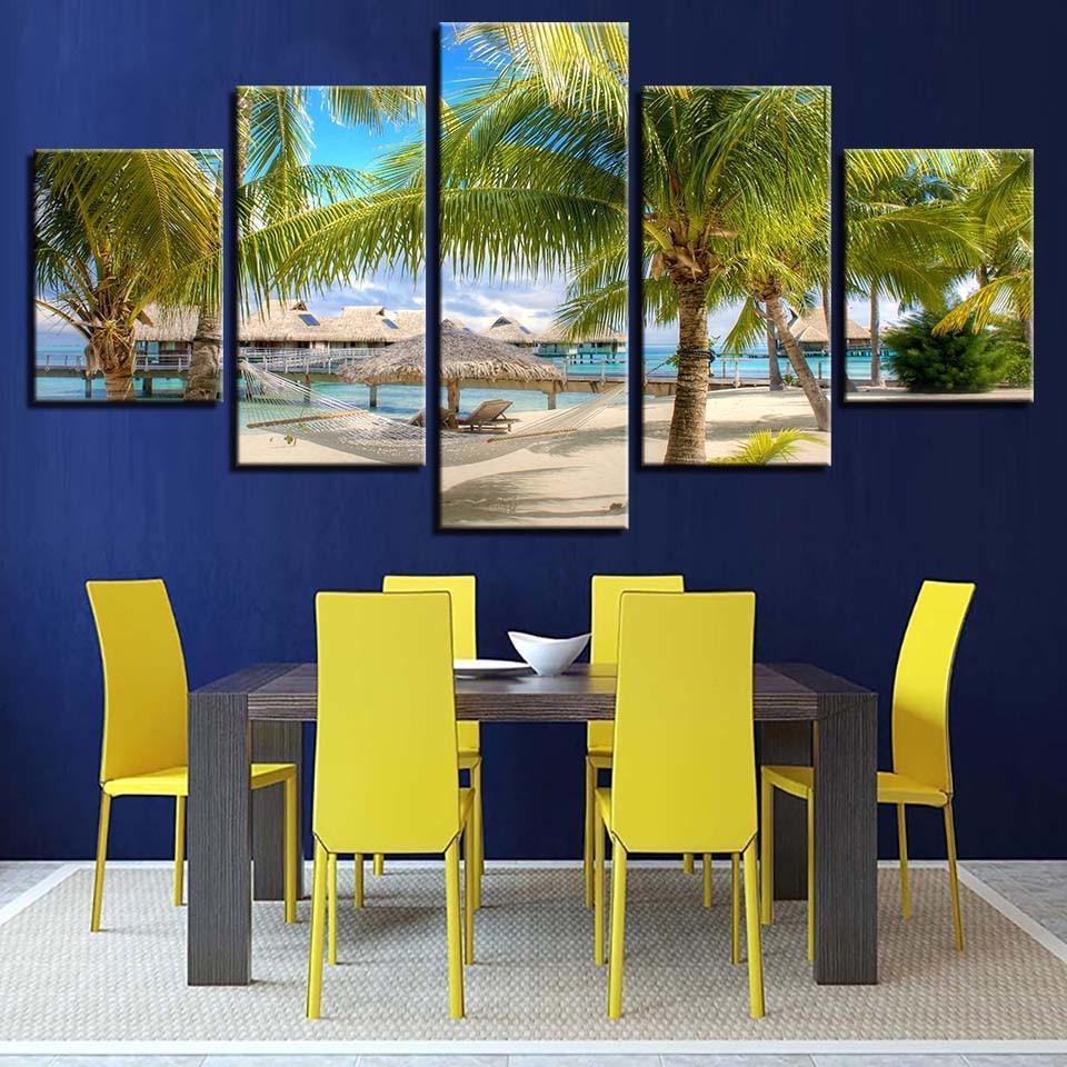 Coconut Trees Beach 5 Piece HD Multi Panel Canvas Wall Art Frame-Original Frame