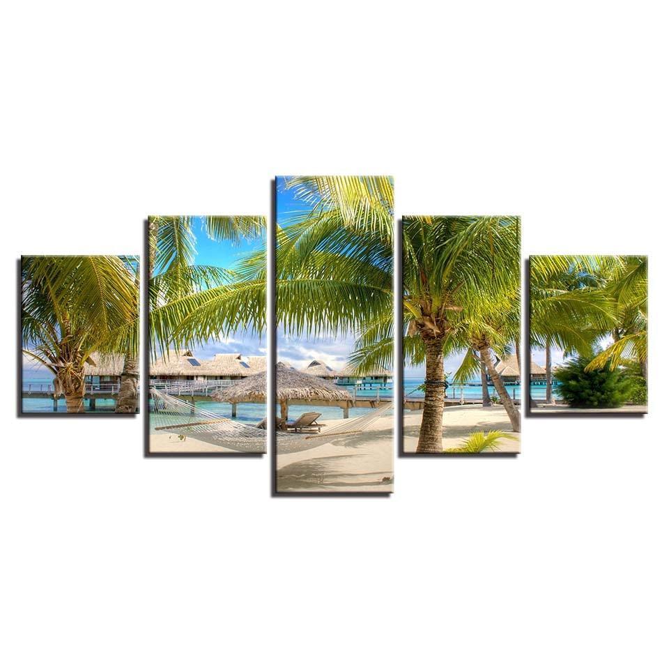 Coconut Trees Beach 5 Piece HD Multi Panel Canvas Wall Art Frame-Original Frame