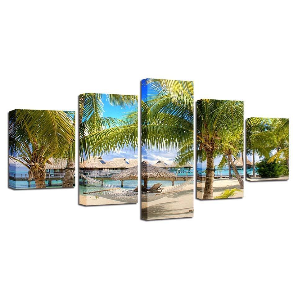 Coconut Trees Beach 5 Piece HD Multi Panel Canvas Wall Art Frame-Original Frame