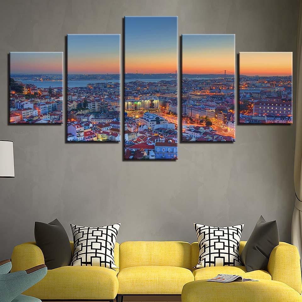 Beautiful City Sunrise 5 Piece HD Multi Panel Canvas Wall Art Frame-Original Frame