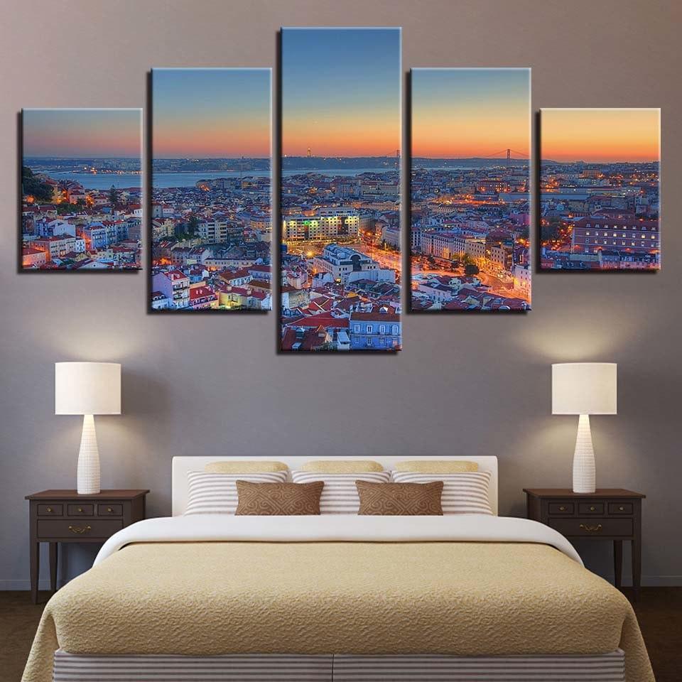 Beautiful City Sunrise 5 Piece HD Multi Panel Canvas Wall Art Frame-Original Frame