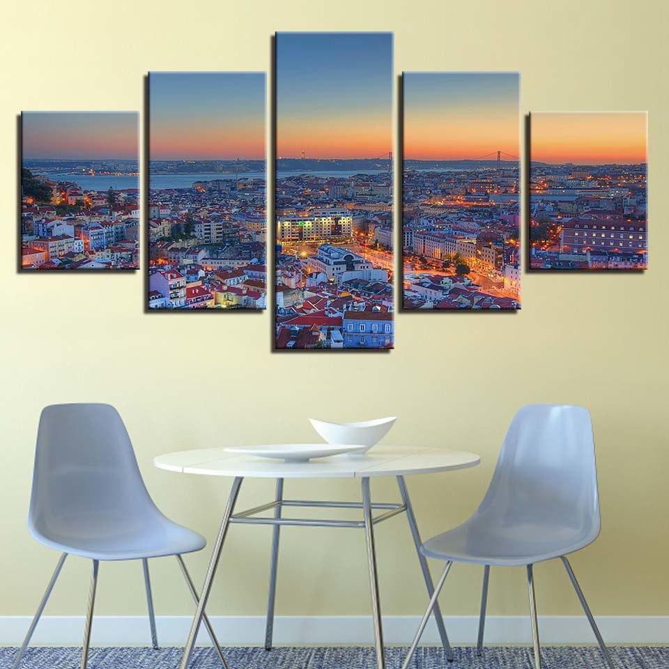 Beautiful City Sunrise 5 Piece HD Multi Panel Canvas Wall Art Frame-Original Frame
