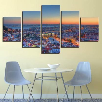 Beautiful City Sunrise 5 Piece HD Multi Panel Canvas Wall Art Frame-Original Frame