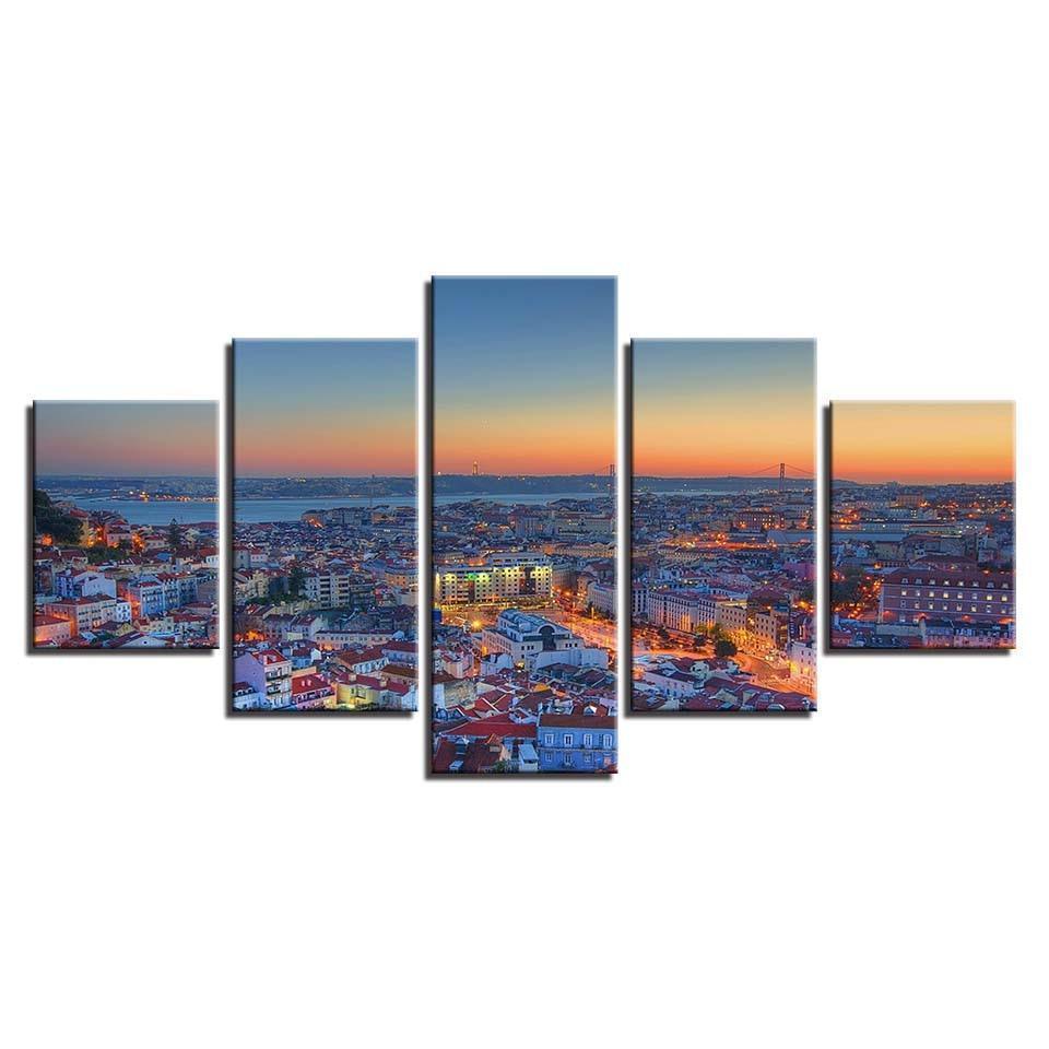Beautiful City Sunrise 5 Piece HD Multi Panel Canvas Wall Art Frame-Original Frame