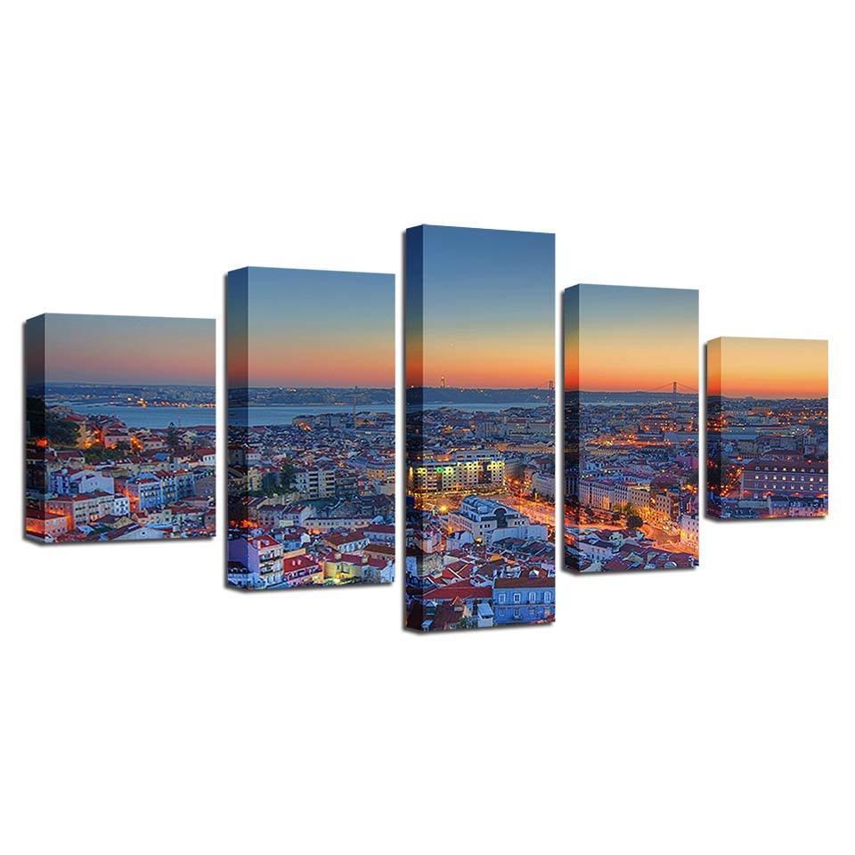 Beautiful City Sunrise 5 Piece HD Multi Panel Canvas Wall Art Frame-Original Frame
