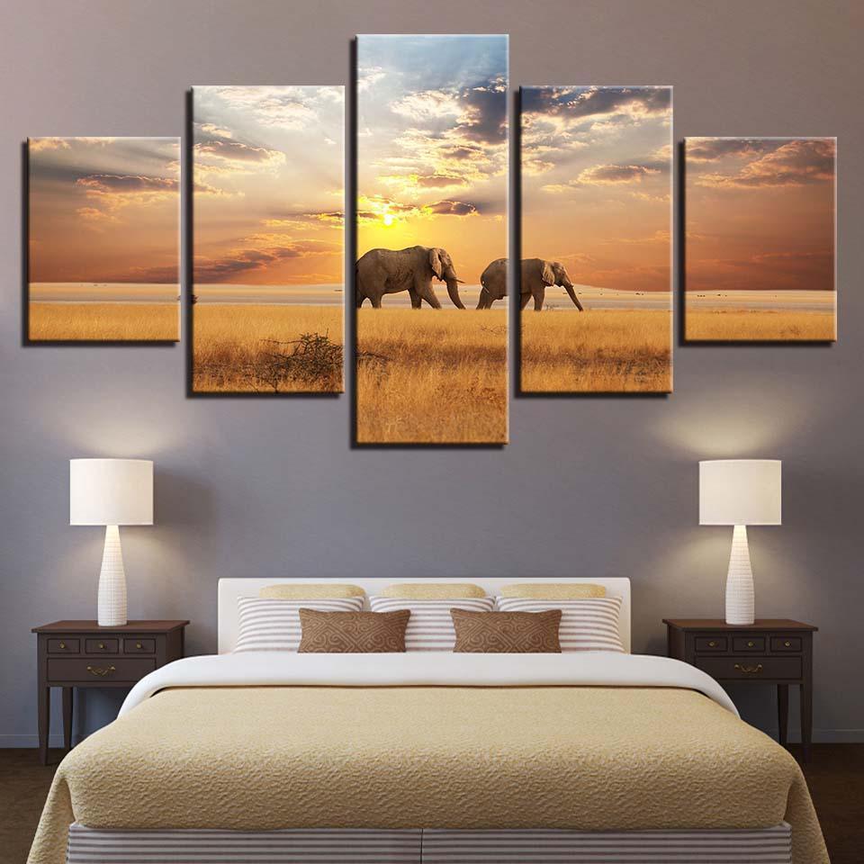 Elephants 5 Piece HD Multi Panel Canvas Wall Art Frame-Original Frame