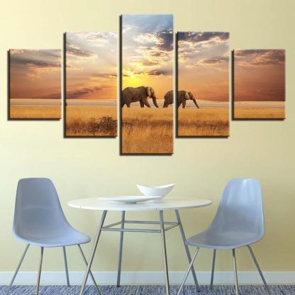 Elephants 5 Piece HD Multi Panel Canvas Wall Art Frame-Original Frame