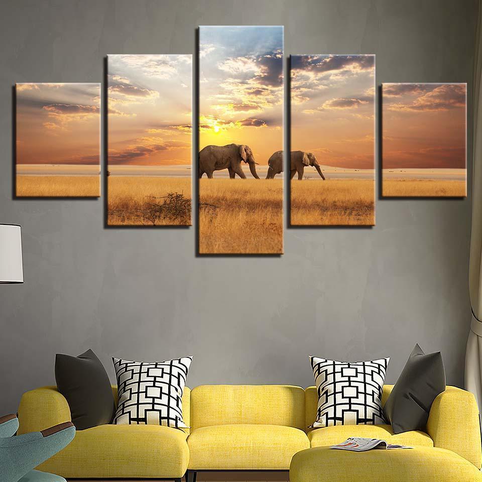 Elephants 5 Piece HD Multi Panel Canvas Wall Art Frame-Original Frame