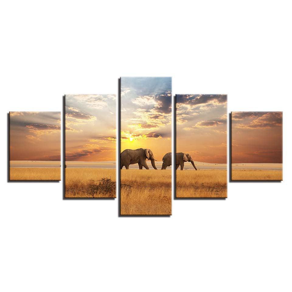 Elephants 5 Piece HD Multi Panel Canvas Wall Art Frame-Original Frame