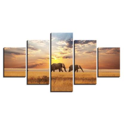 Elephants 5 Piece HD Multi Panel Canvas Wall Art Frame-Original Frame