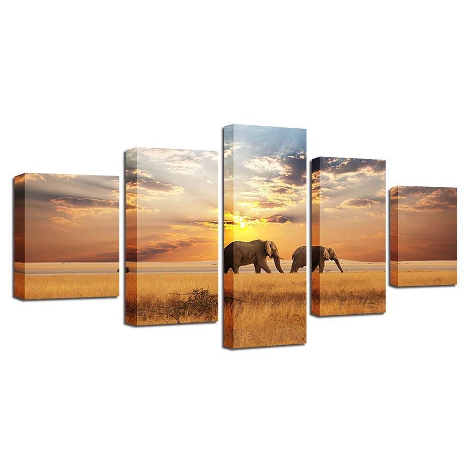 Elephants 5 Piece HD Multi Panel Canvas Wall Art Frame-Original Frame