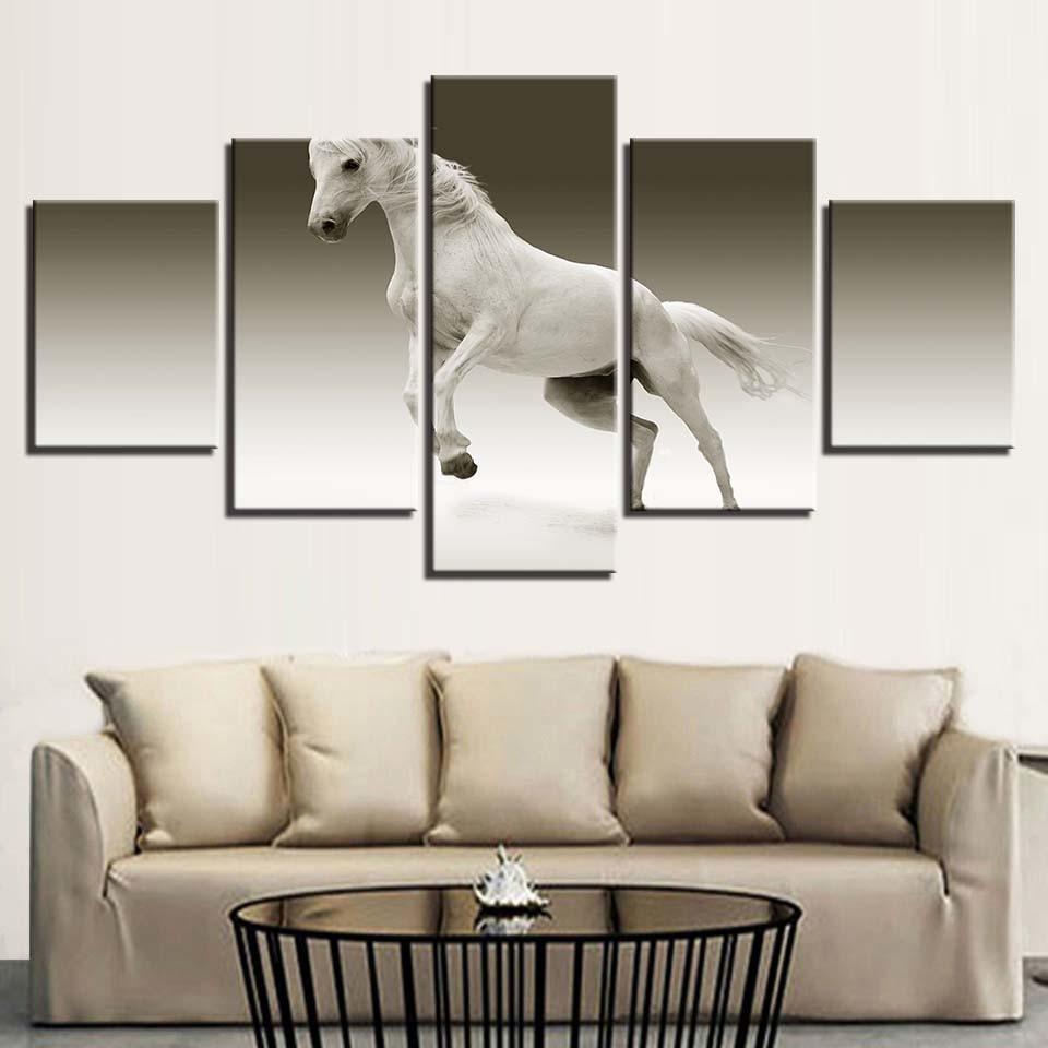 Animal White Horse 5 Piece HD Multi Panel Canvas Wall Art Frame-Original Frame