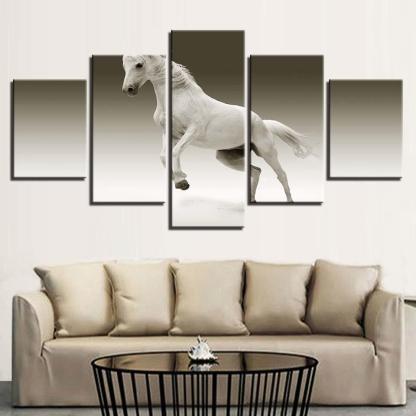 Animal White Horse 5 Piece HD Multi Panel Canvas Wall Art Frame-Original Frame