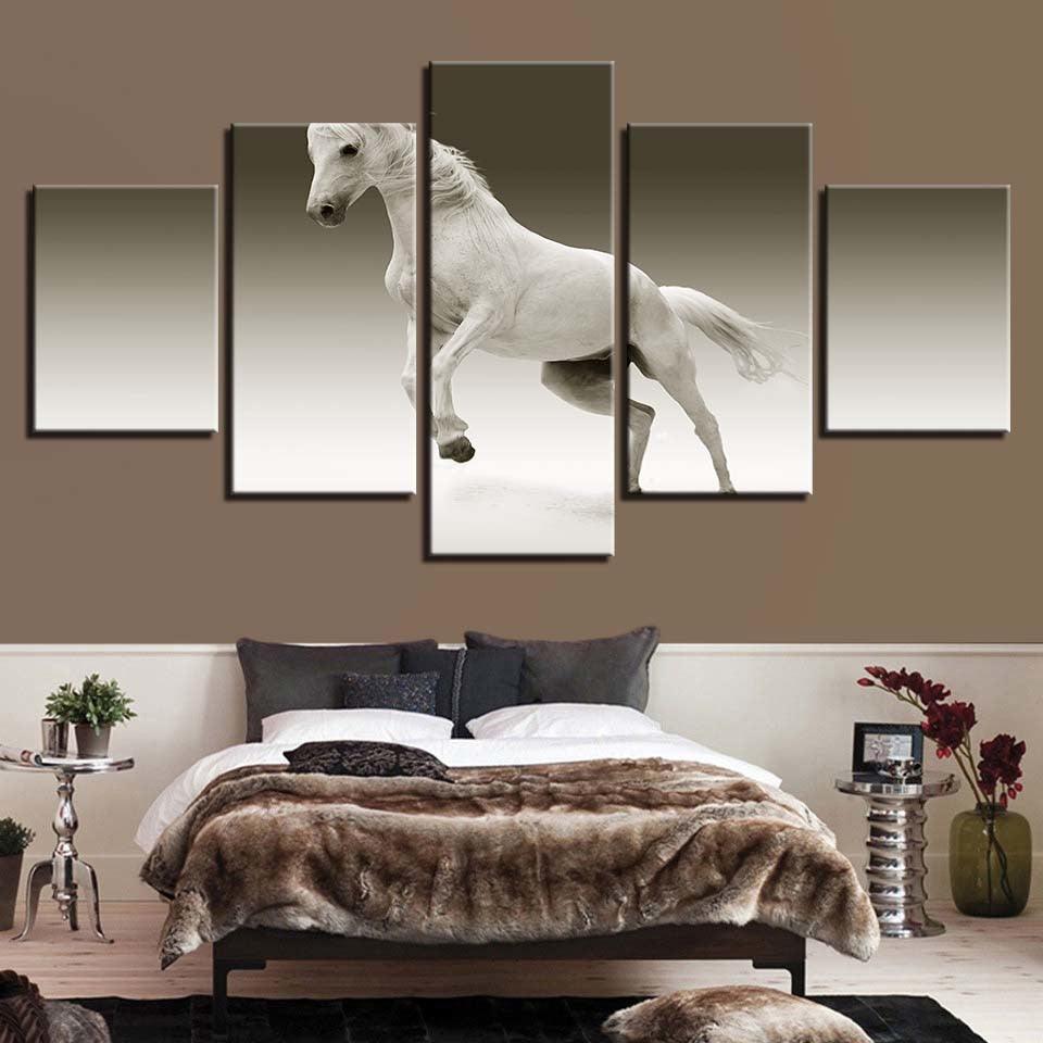 Animal White Horse 5 Piece HD Multi Panel Canvas Wall Art Frame-Original Frame
