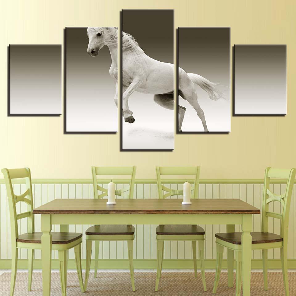 Animal White Horse 5 Piece HD Multi Panel Canvas Wall Art Frame-Original Frame